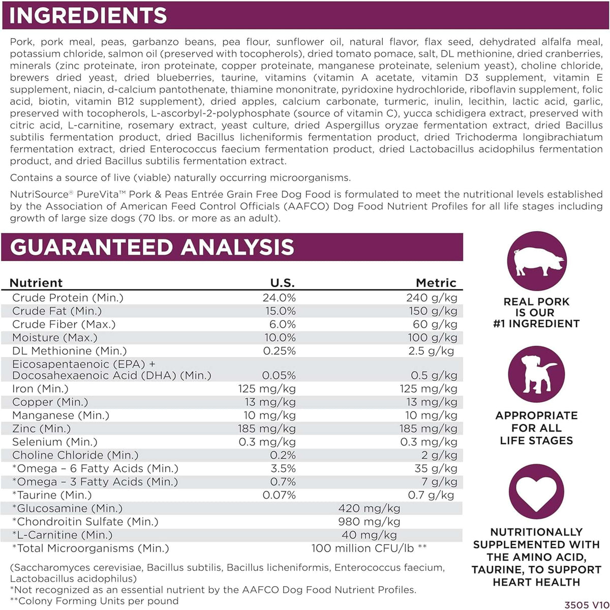 NutriSource PureVita Grain Free Pork &amp; Peas Dog Food