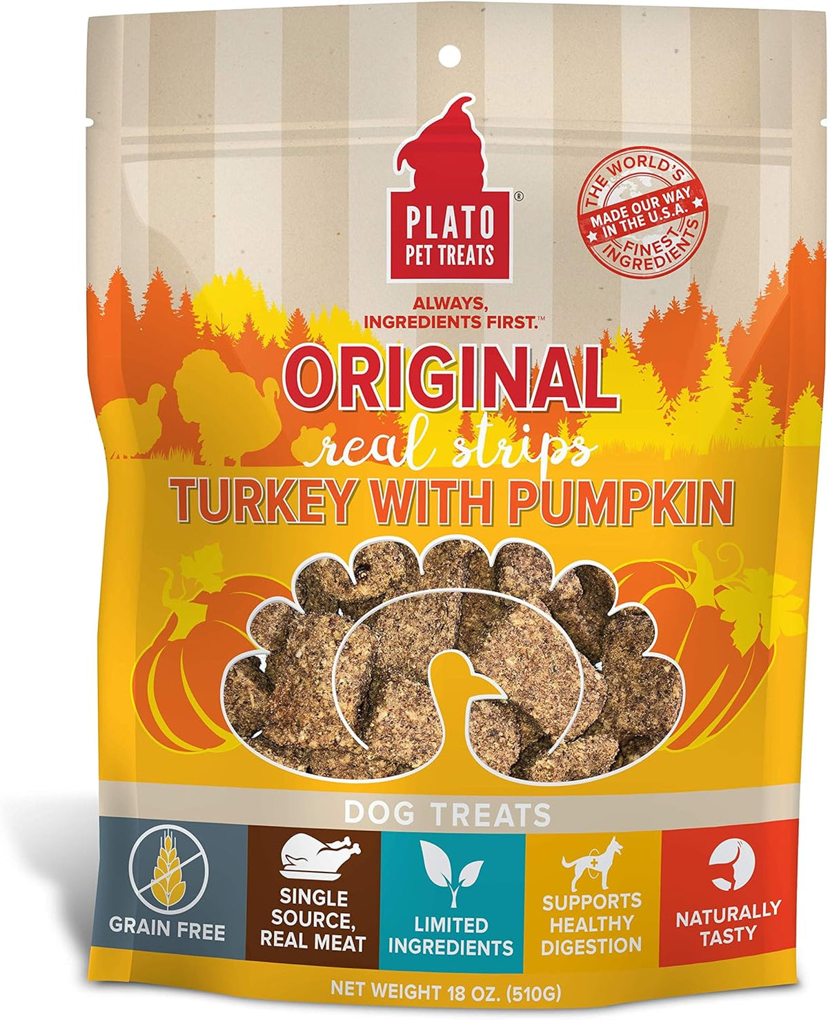 Plato Pet Treats Original Real Strips Turkey with Pumpkin for Dogs