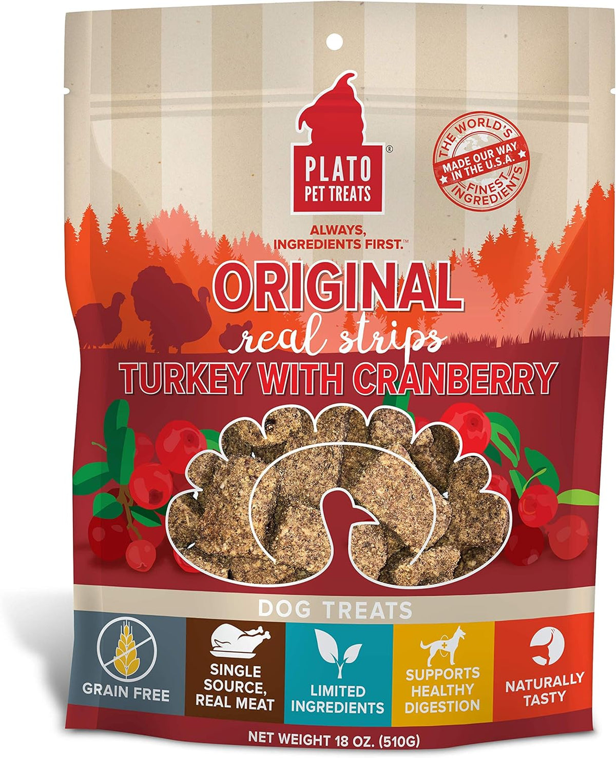 Plato Pet Treats Original Real Strips Turkey with Cranberry for Dogs