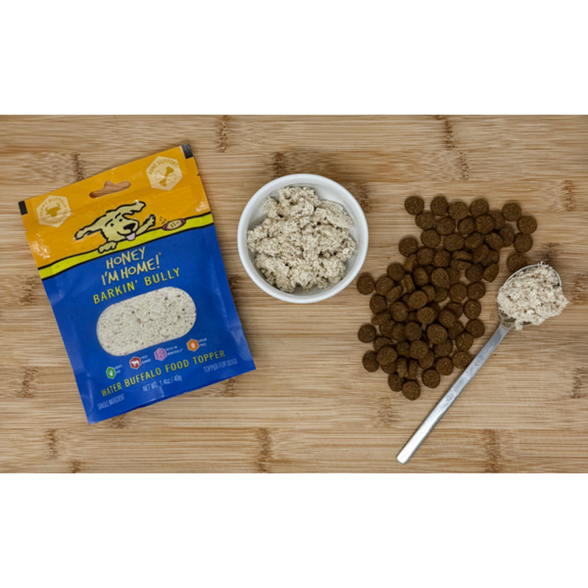 Honey I&#39;m Home Barkin&#39; Bully Water Buffalo Dog Food Topper