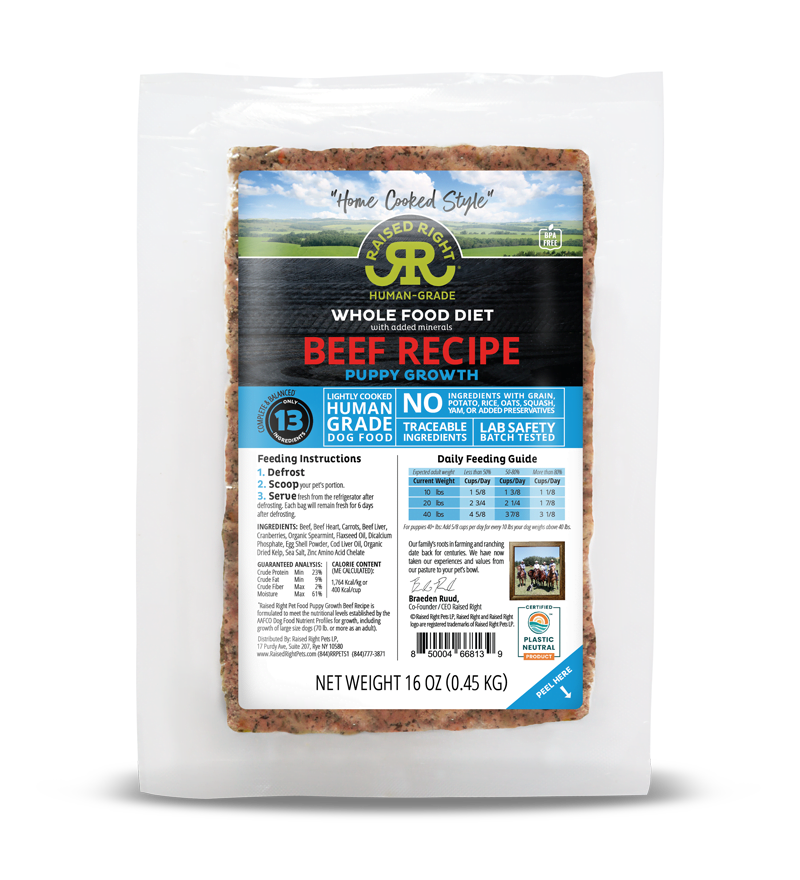 Raised Right Lightly Cooked Puppy Growth Beef Frozen Dog Food