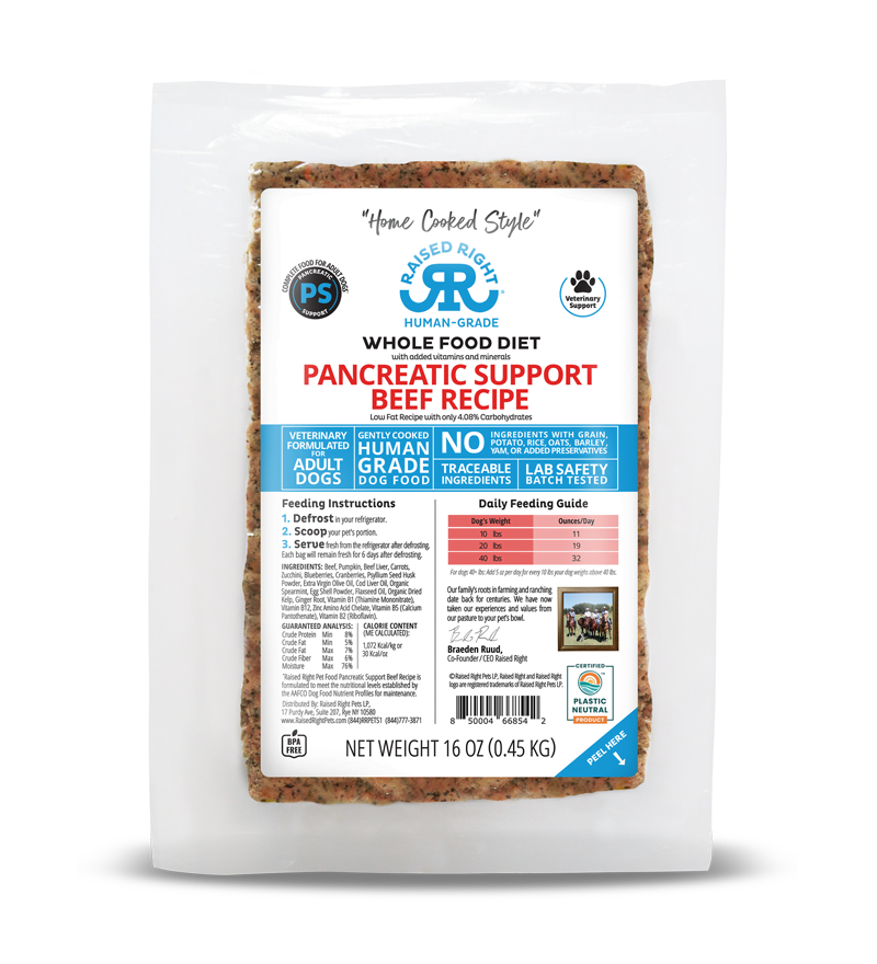 Raised Right Lightly Cooked Pancreatic Support Beef Frozen Dog Food