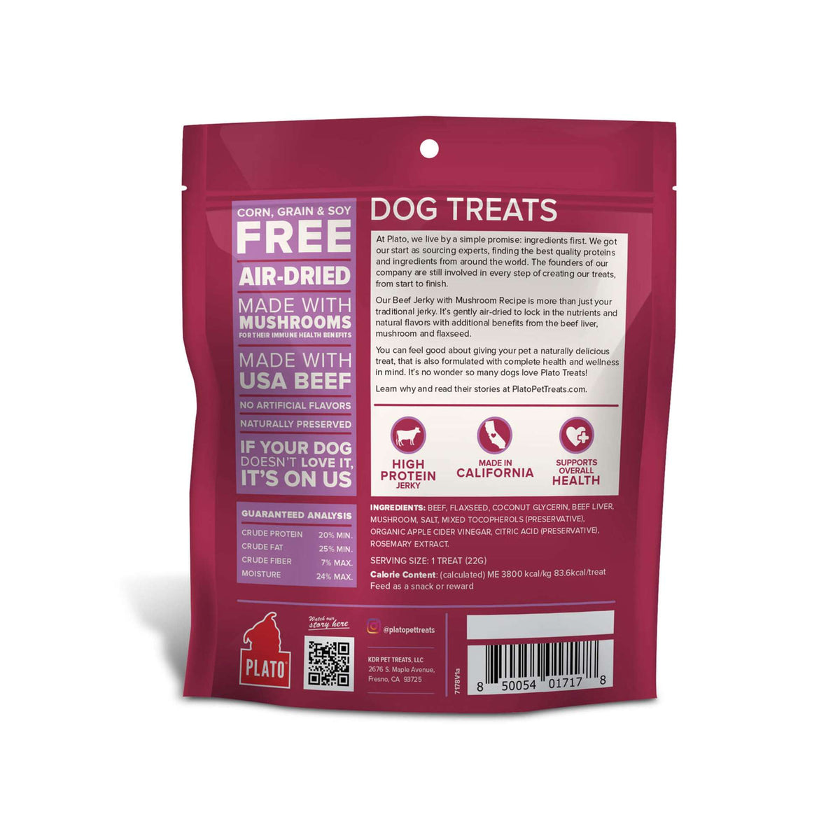 Plato Pet Treats Air-Dried Beef Jerky with Mushrooms Dog Treats