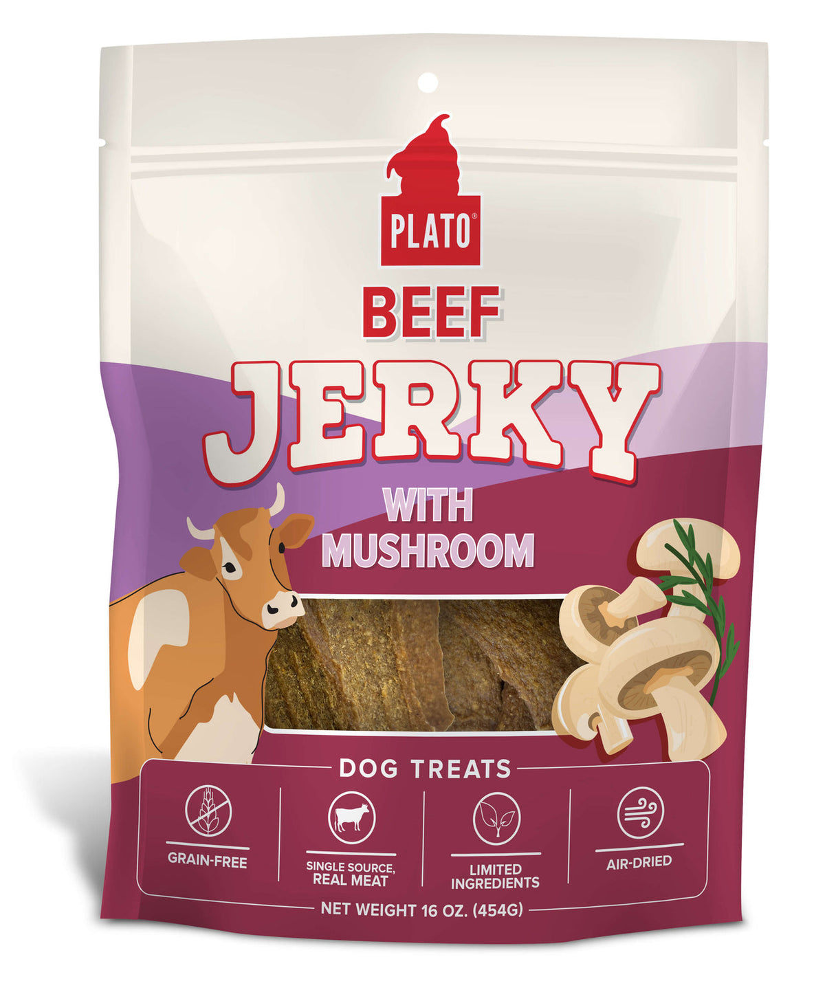 Plato Pet Treats Air-Dried Beef Jerky with Mushrooms Dog Treats