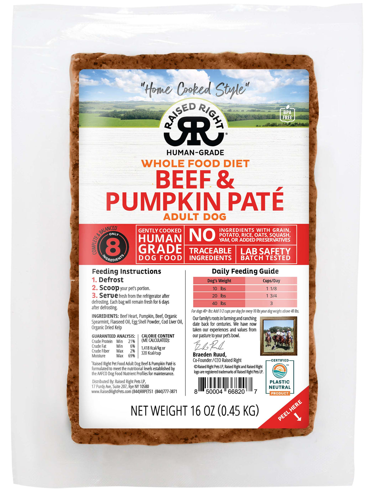 Raised Right Lightly Cooked Beef &amp; Pumpkin Paté Frozen Dog Food