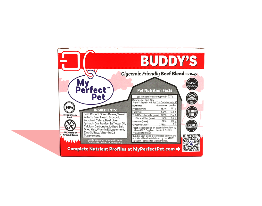 My Perfect Pet Gently Cooked Grain Free Buddy&#39;s Glycemic Friendly Beef Blend Frozen Dog Food