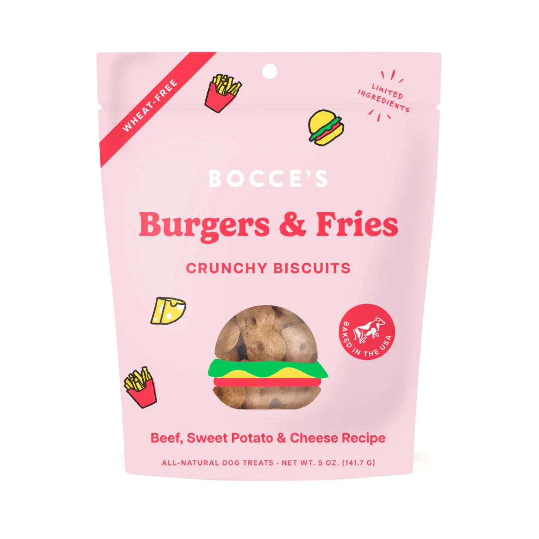 Bocce&#39;s Bakery Burgers &amp; Fries Beef, Sweet Potato and Cheese Crunchy Biscuits Dog Treats