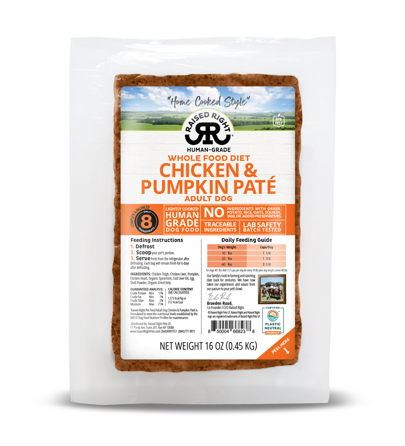 Raised Right Lightly Cooked Chicken &amp; Pumpkin Paté Frozen Dog Food