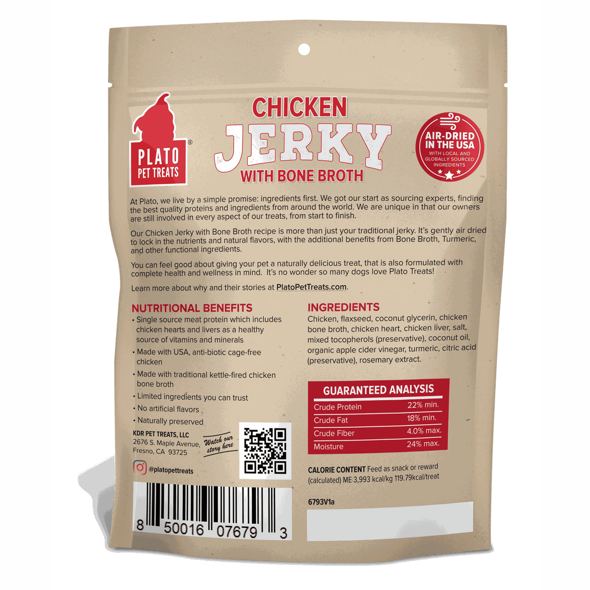 Plato Pet Treats Air-Dried Chicken Jerky with Bone Broth for Dogs