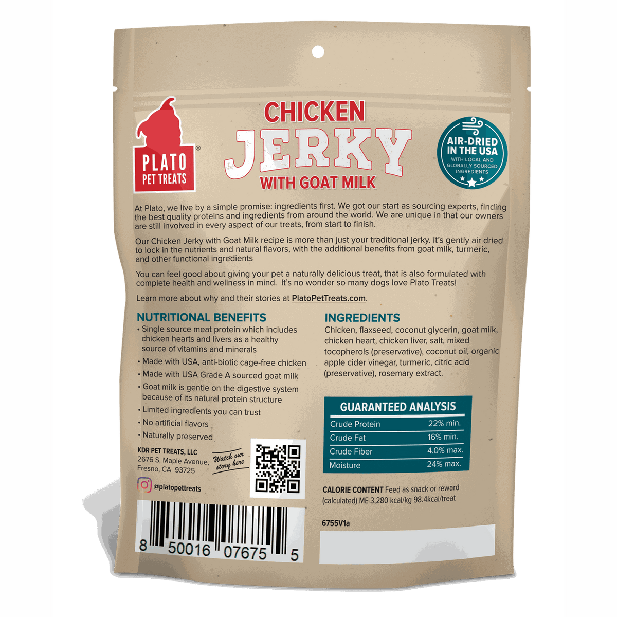 Plato Pet Treats Air-Dried Chicken Jerky with Goat Milk for Dogs