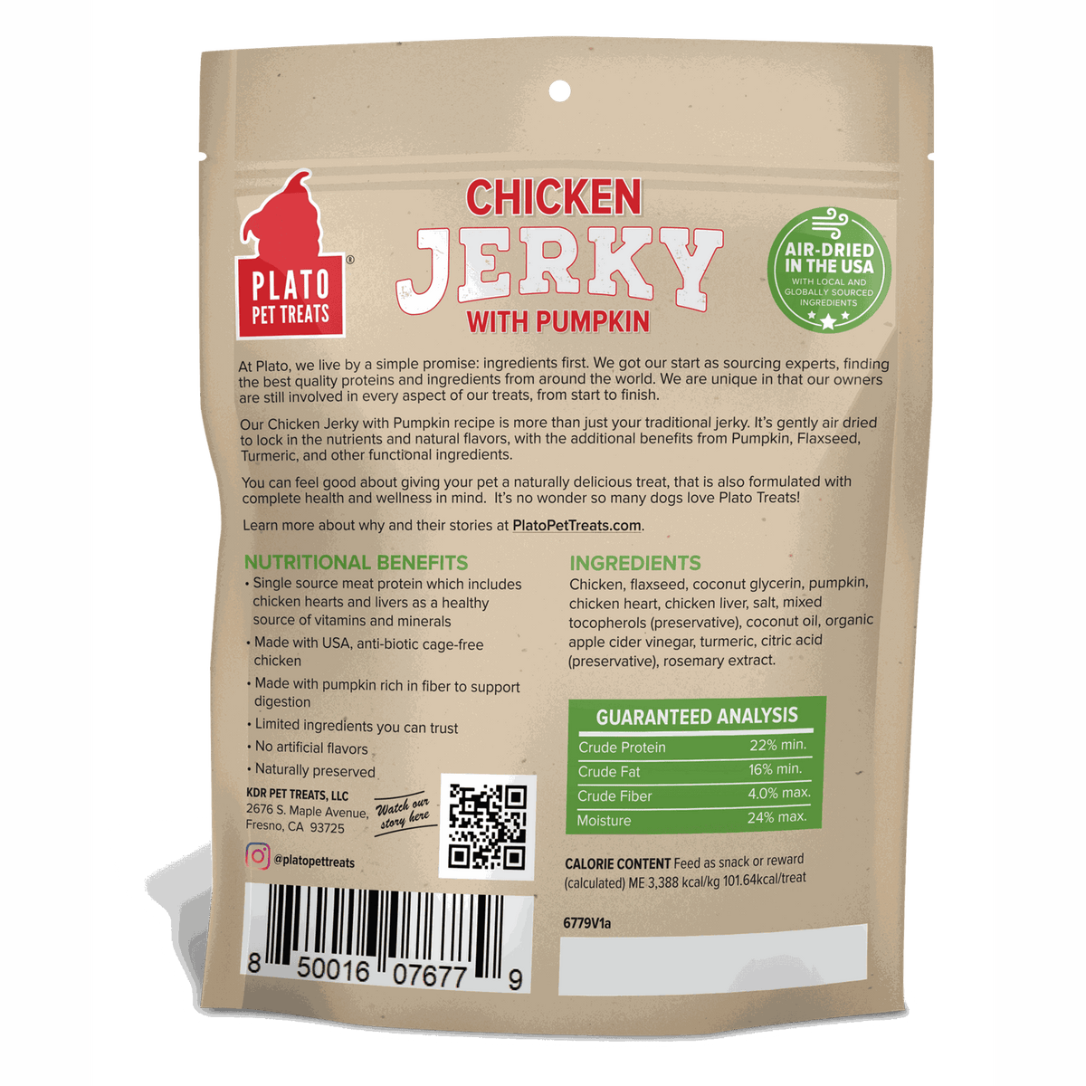 Plato Pet Treats Air-Dried Chicken Jerky with Pumpkin for Dogs