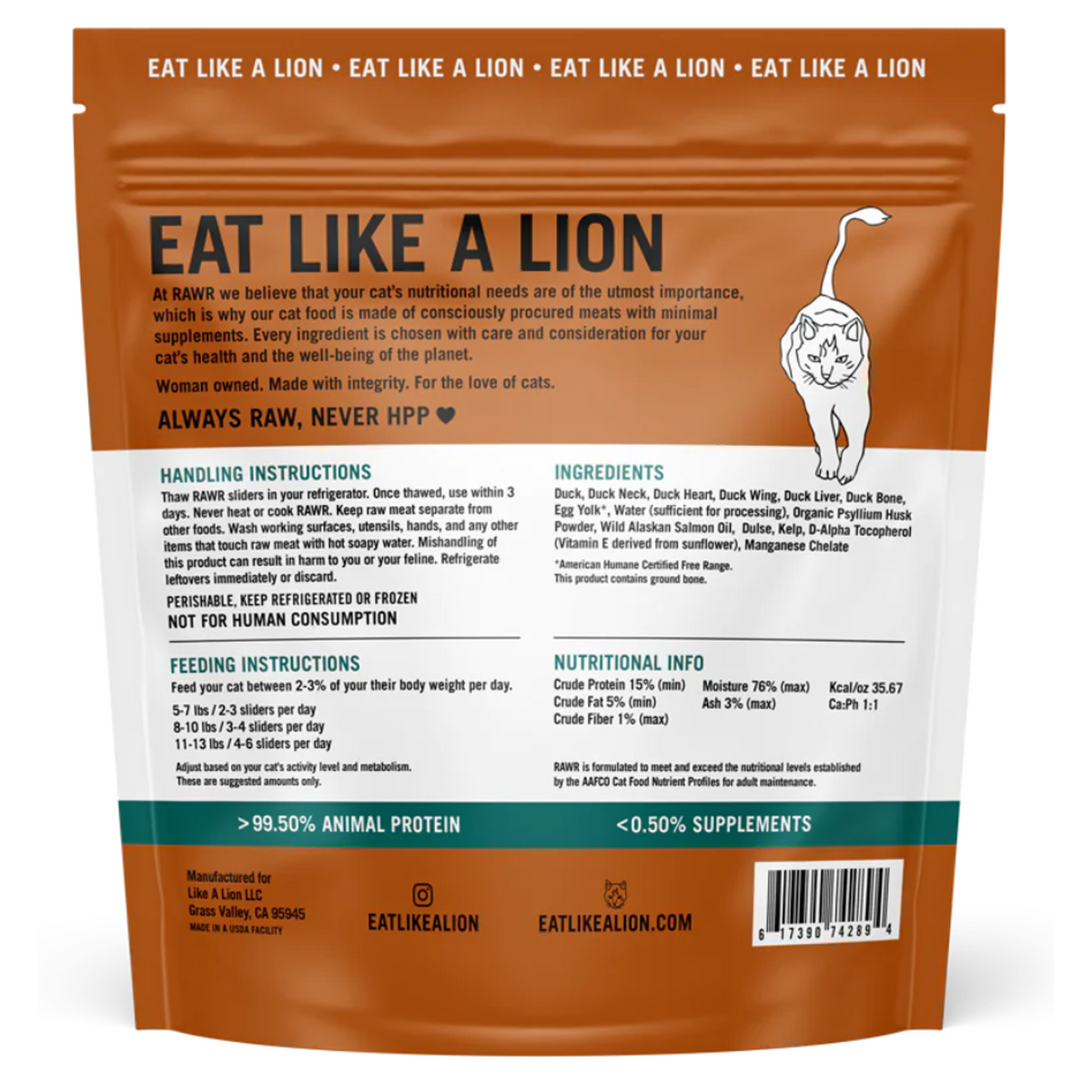 Rawr Bone-In Duck Eats Frozen Sliders Raw Cat Food