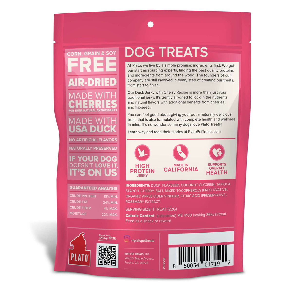 Plato Pet Treats Air-Dried Duck Jerky with Cherry Dog Treats