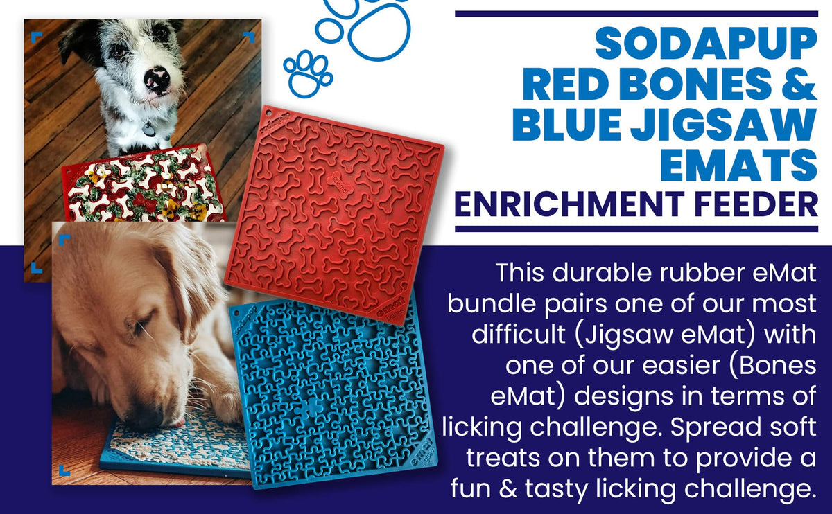 SodaPup Large Blue Jigsaw & Large Red Bones eMat Lick Mat Bundle