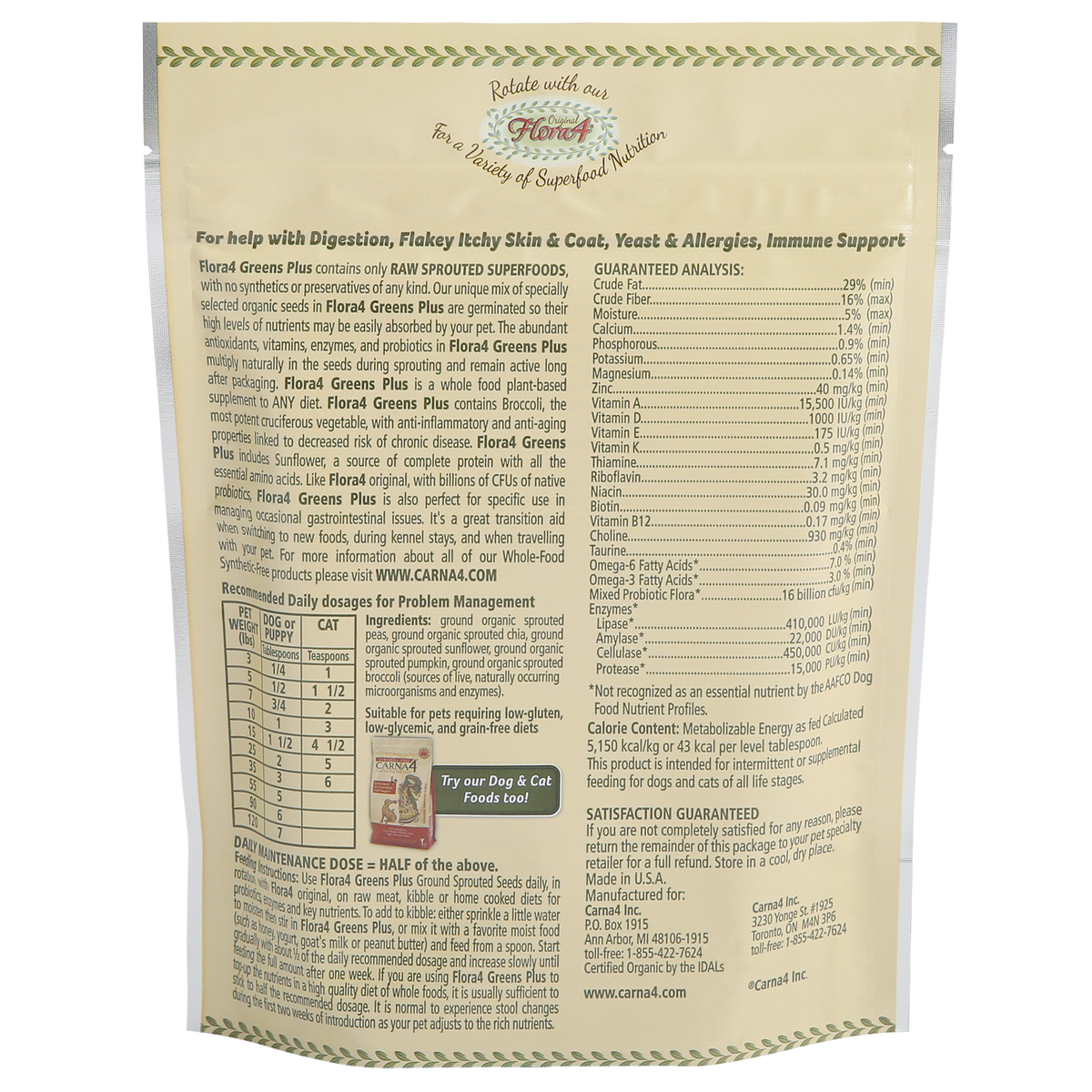 Carna4 Flora4 Ground Sprouted Seeds with Chia &amp; Broccoli Dog &amp; Cat Food Topper Supplement