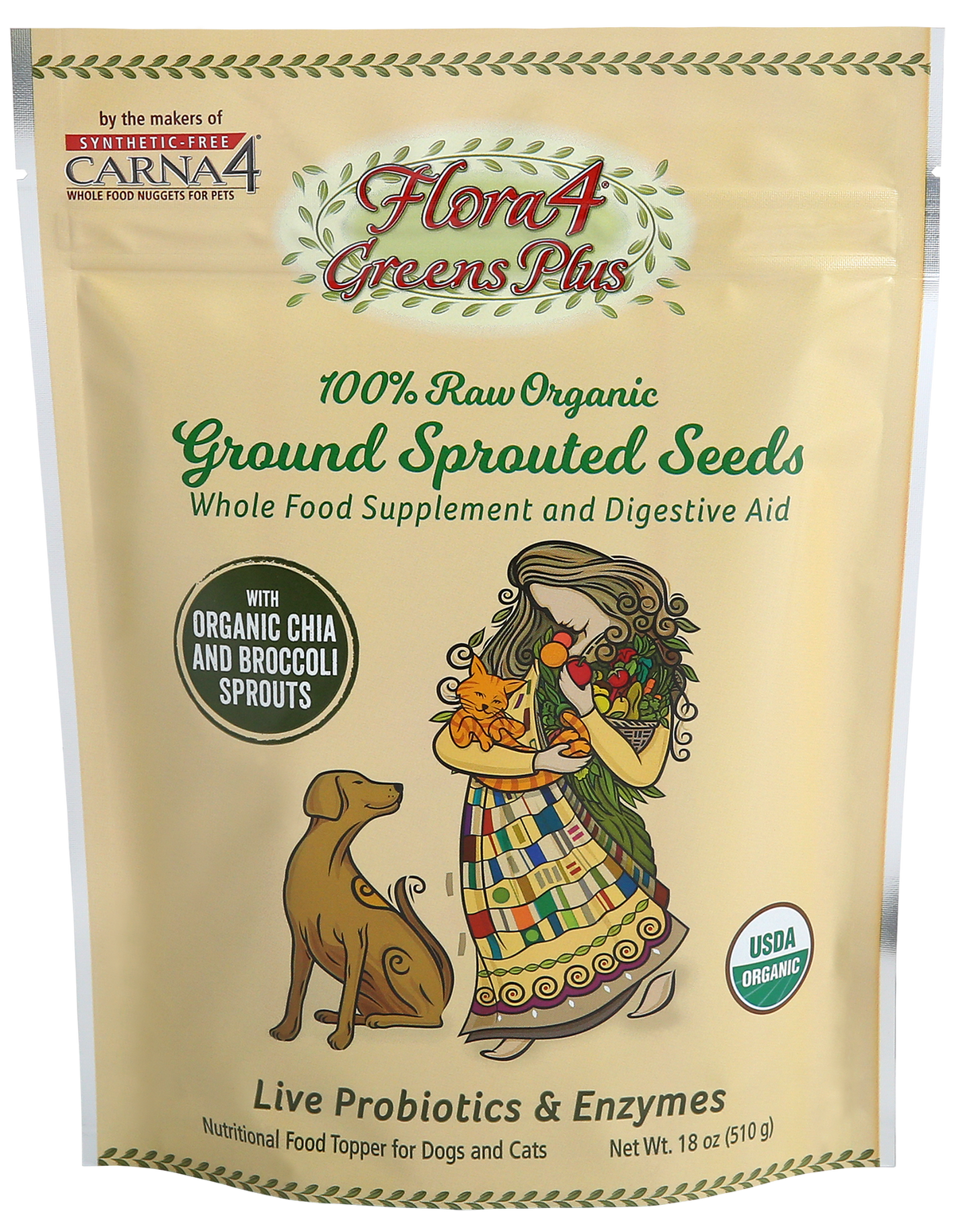 Carna4 Flora4 Ground Sprouted Seeds with Chia &amp; Broccoli Dog &amp; Cat Food Topper Supplement