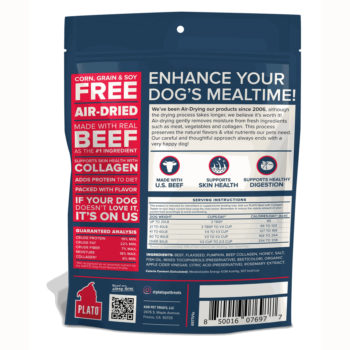 Plato Pet Treats Air Dried Topper Beef + Collagen for Dogs