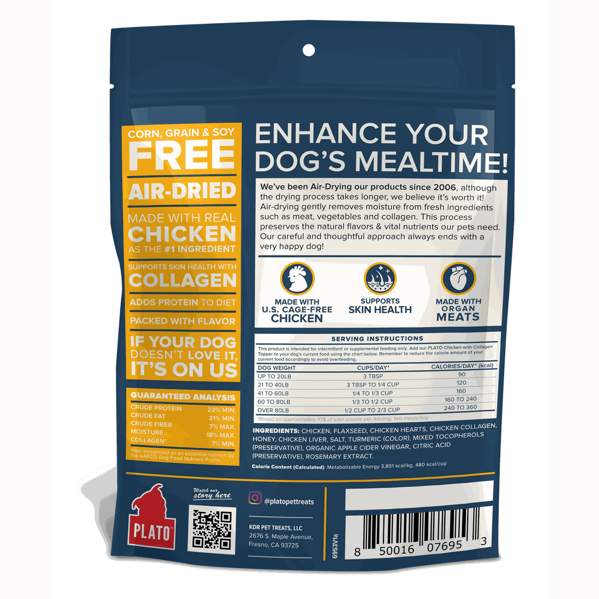 Plato Pet Treats Air Dried Topper Chicken + Collagen for Dogs