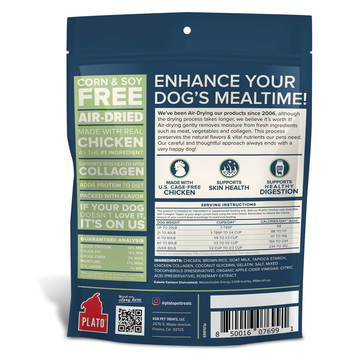 Plato Pet Treats Air Dried Topper Chicken with Goat Milk for Dog