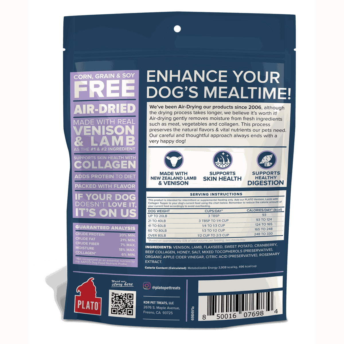Plato Pet Treats Air Dried Topper Venison, Lamb + Collagen for Dogs