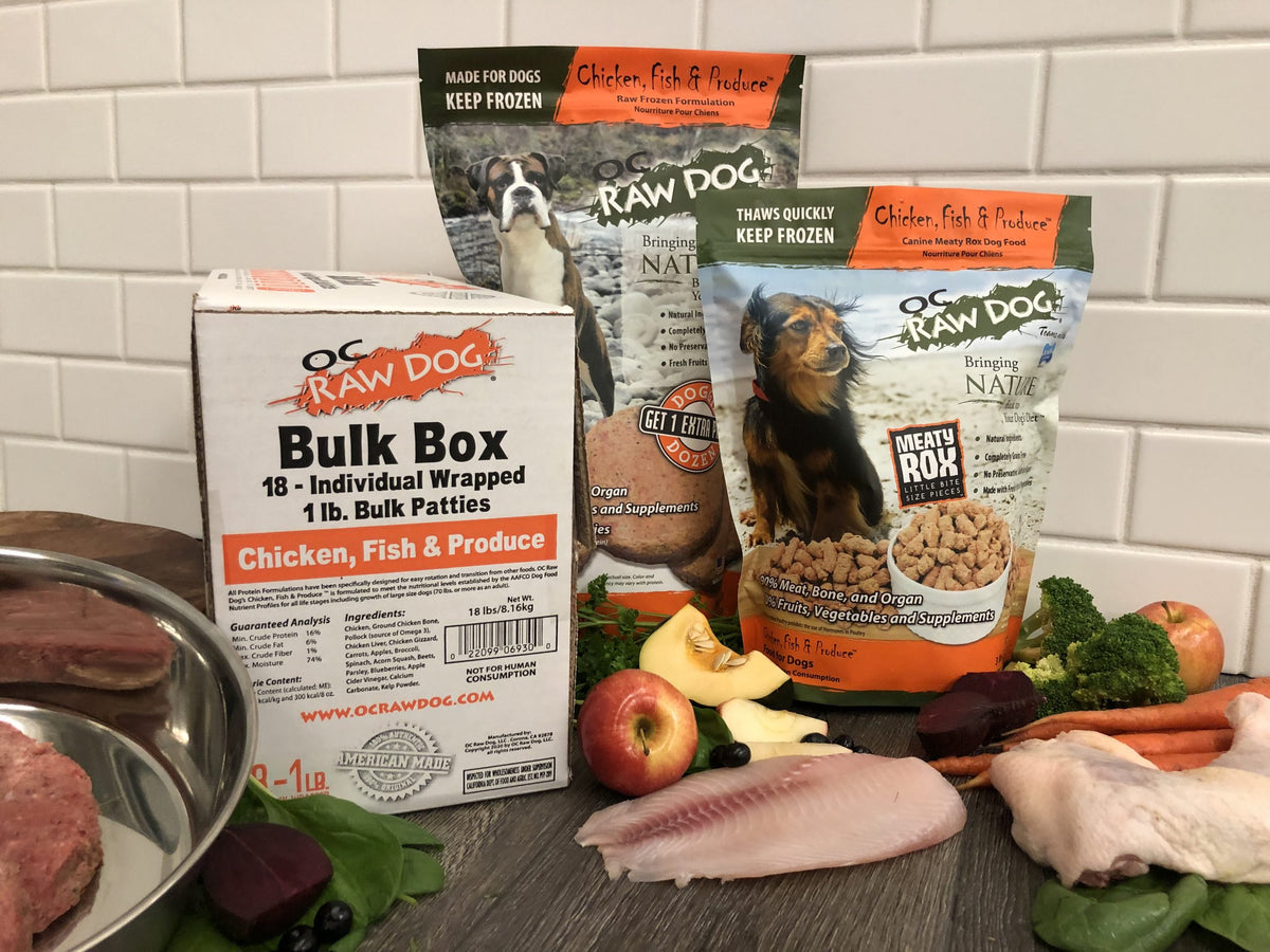OC Raw Frozen Raw Chicken, Fish &amp; Produce Dog Food