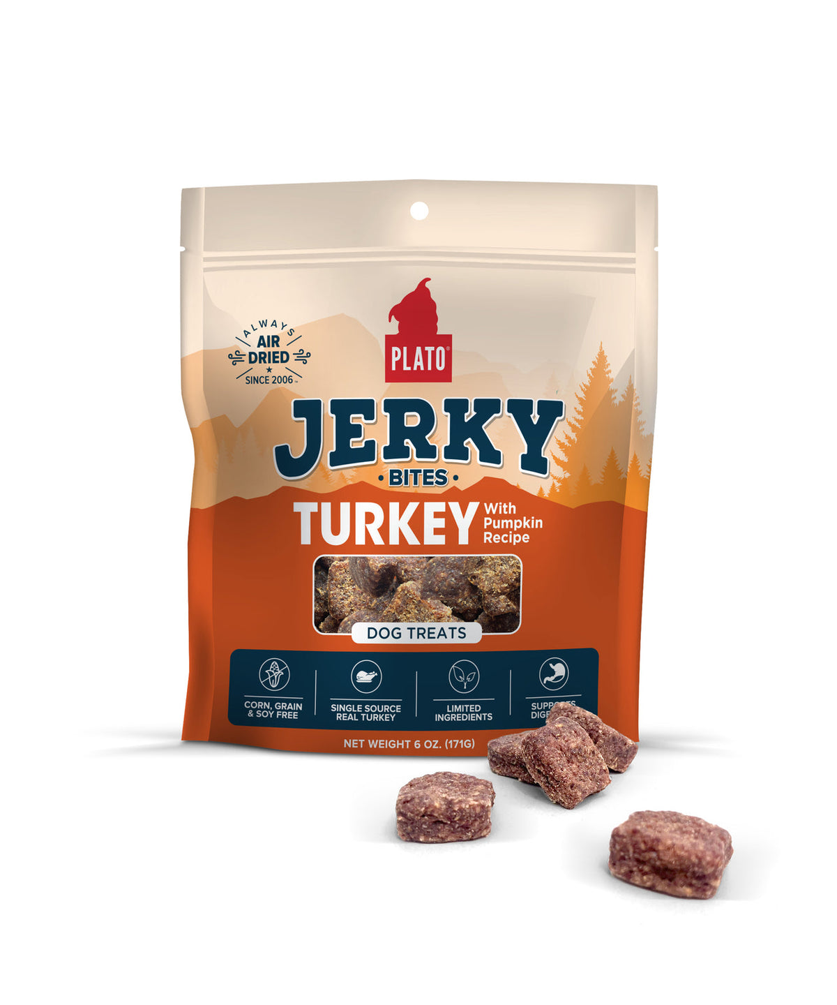 Plato Pet Treats Jerky Bites Turkey with Pumpkin Dog Treats
