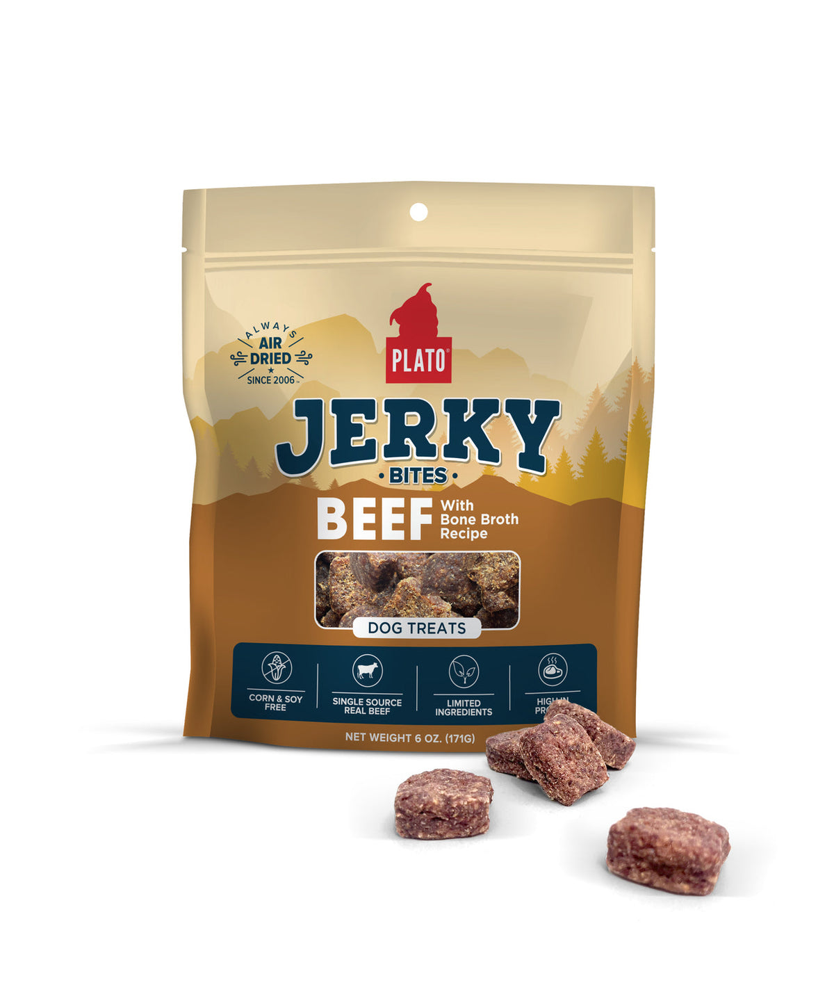 Plato Pet Treats Jerky Bites Beef with Bone Broth Dog Treats