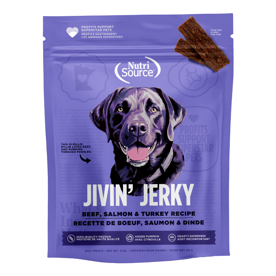NutriSource Jivin&#39; Jerky Beef, Salmon &amp; Turkey Dog Treats