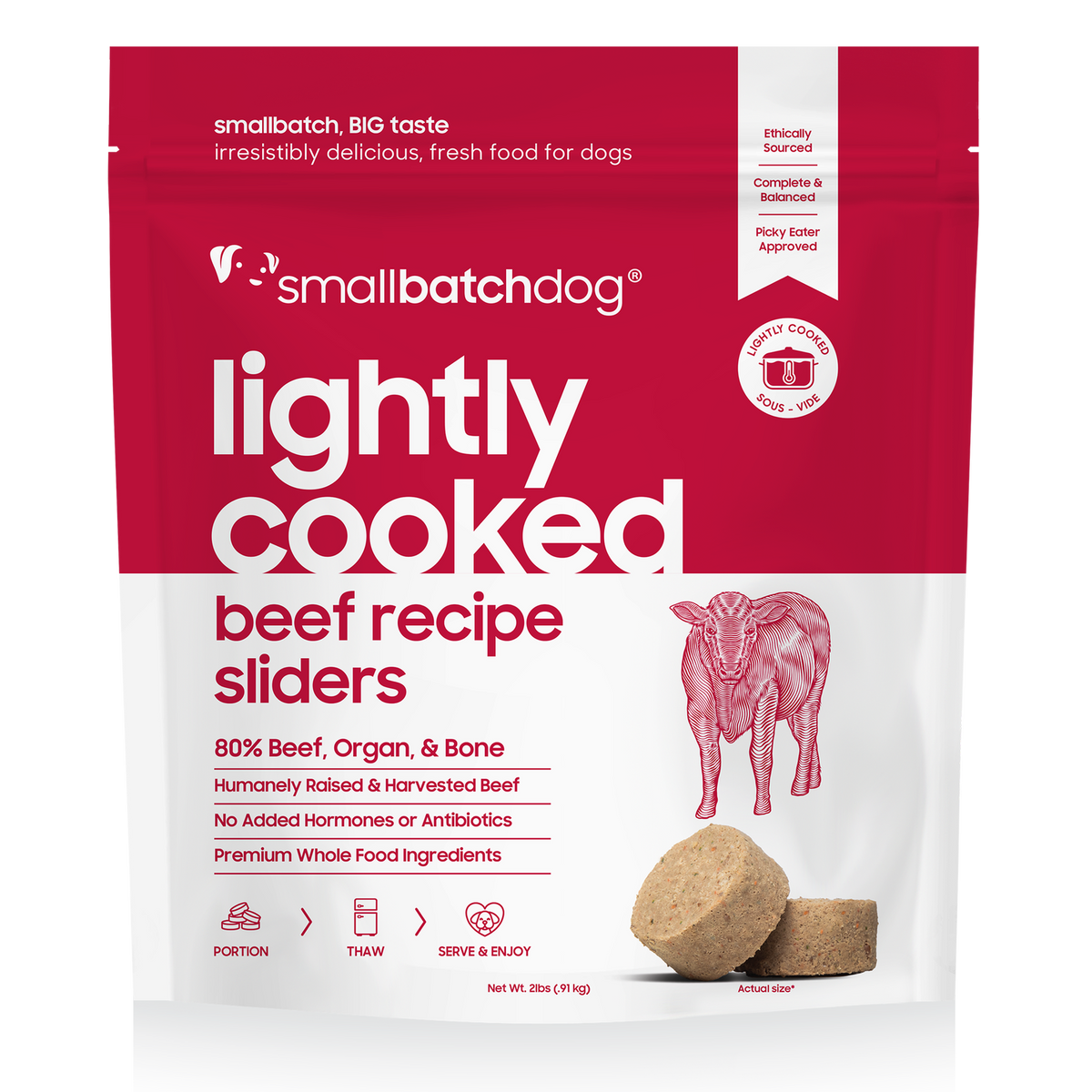 Small Batch Lightly Cooked Beef Sliders Frozen Dog Food
