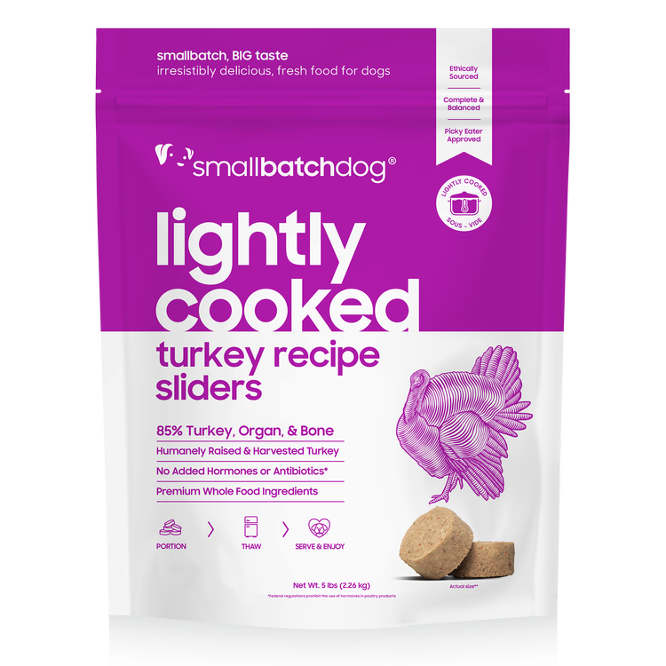 Small Batch Lightly Cooked Turkey Sliders Frozen Dog Food