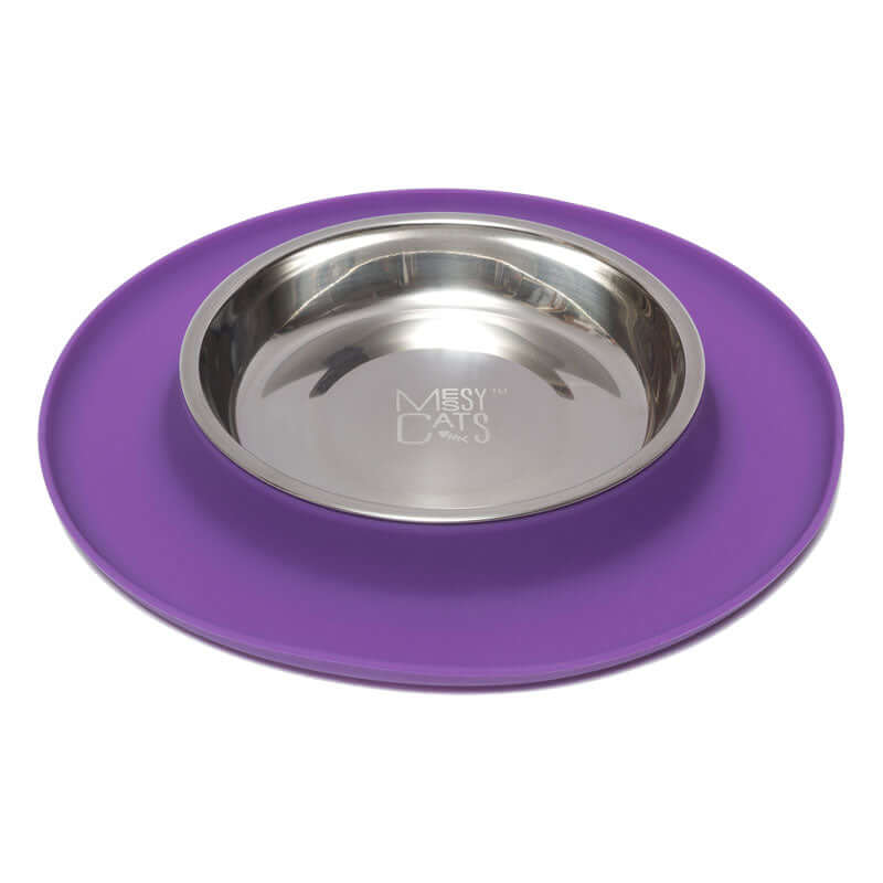 Messy Mutts Single Silicone Cat Bowl with Non-Toxic Stainless Steel Saucer Shaped Bowl