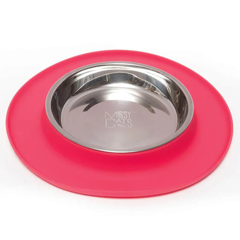 Messy Mutts Single Silicone Cat Bowl with Non-Toxic Stainless Steel Saucer Shaped Bowl