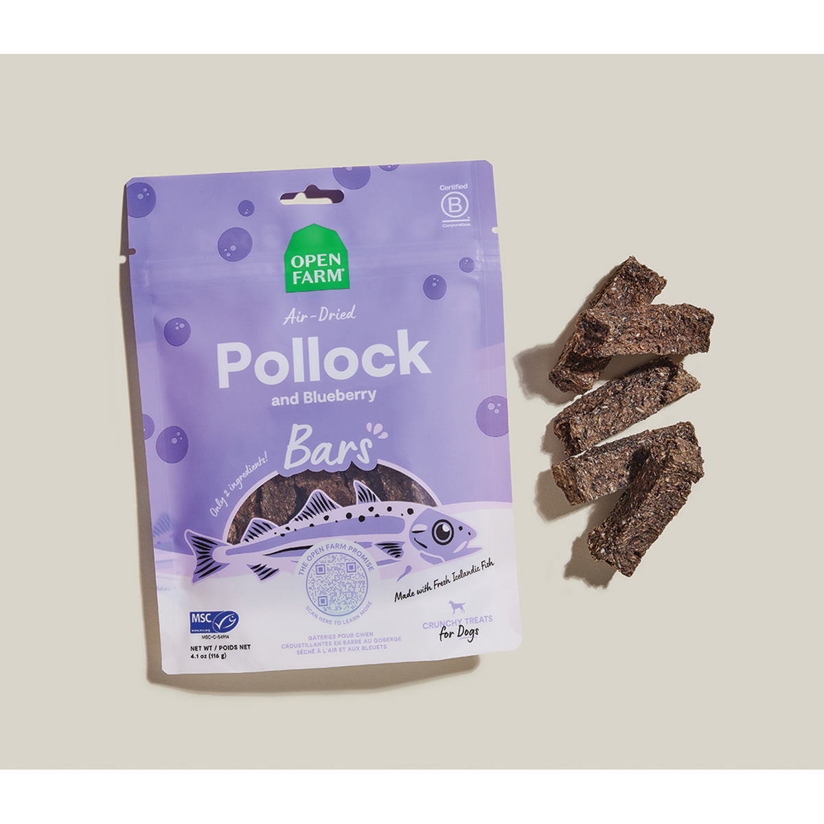 Open Farm Air-Dried Pollock & Blueberry Bars Dog Treats