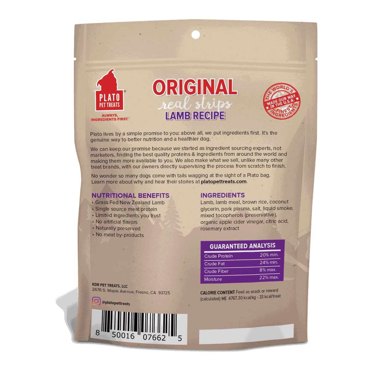 Plato Pet Treats Original Real Strips Lamb Recipe for Dogs