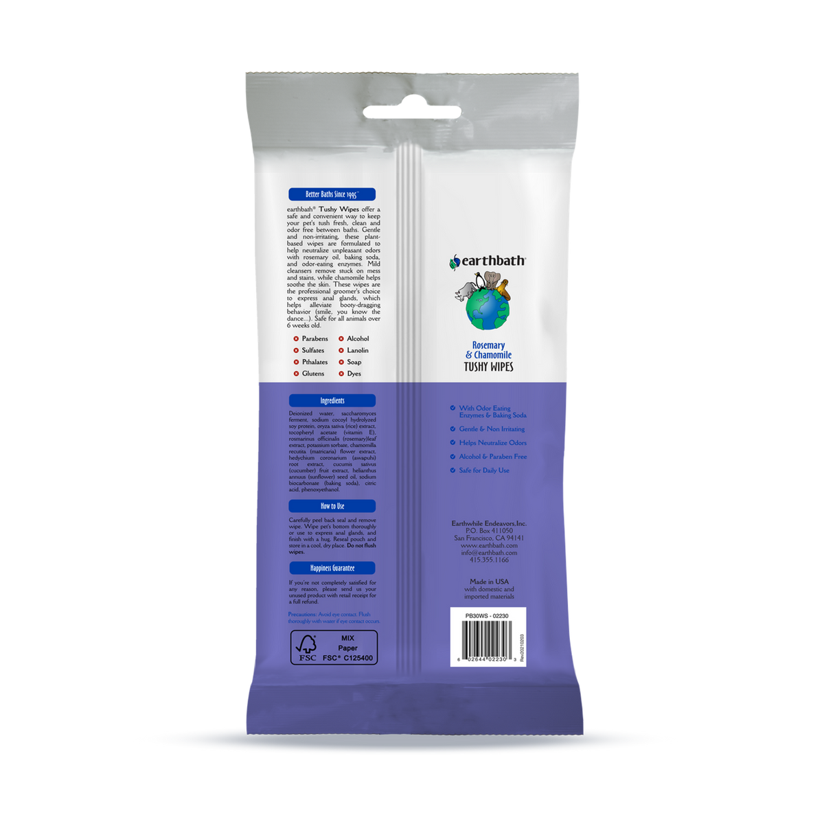 Earthbath Pet Tushy Wipes Rosemary & Chamomile