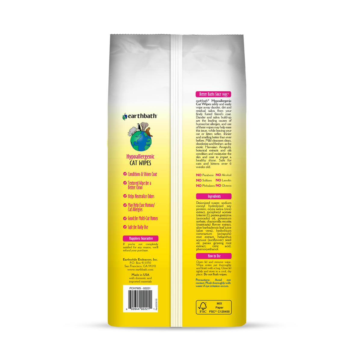 Earthbath Cat Hypoallergenic Wipes Fragrance Free