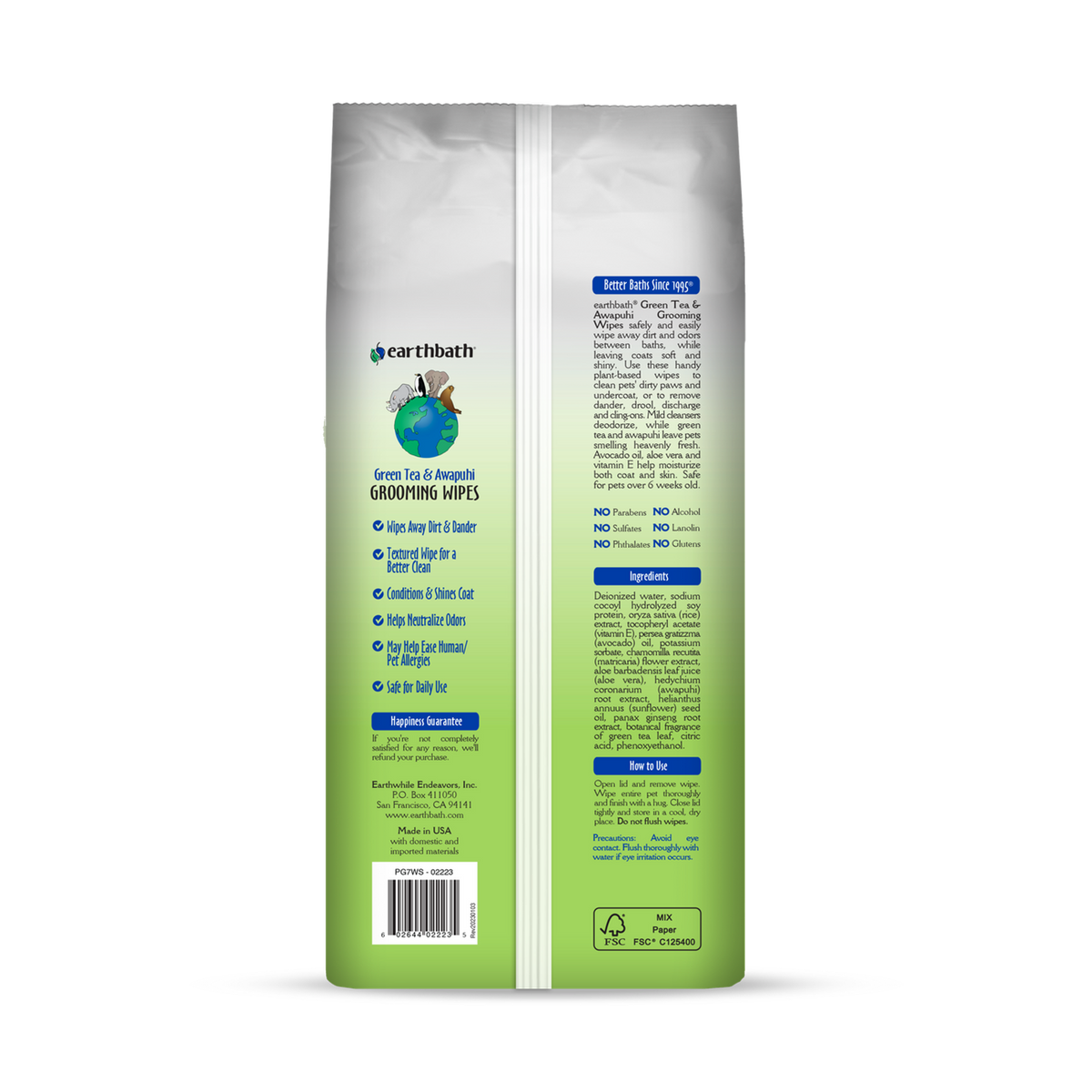 Earthbath Pet Grooming Wipes Green Tea & Awapuhi