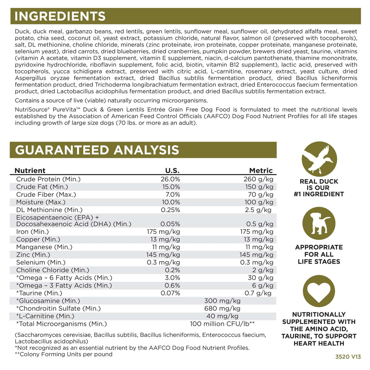 NutriSource PureVita Grain Free Duck &amp; Green Lentils Dog Food