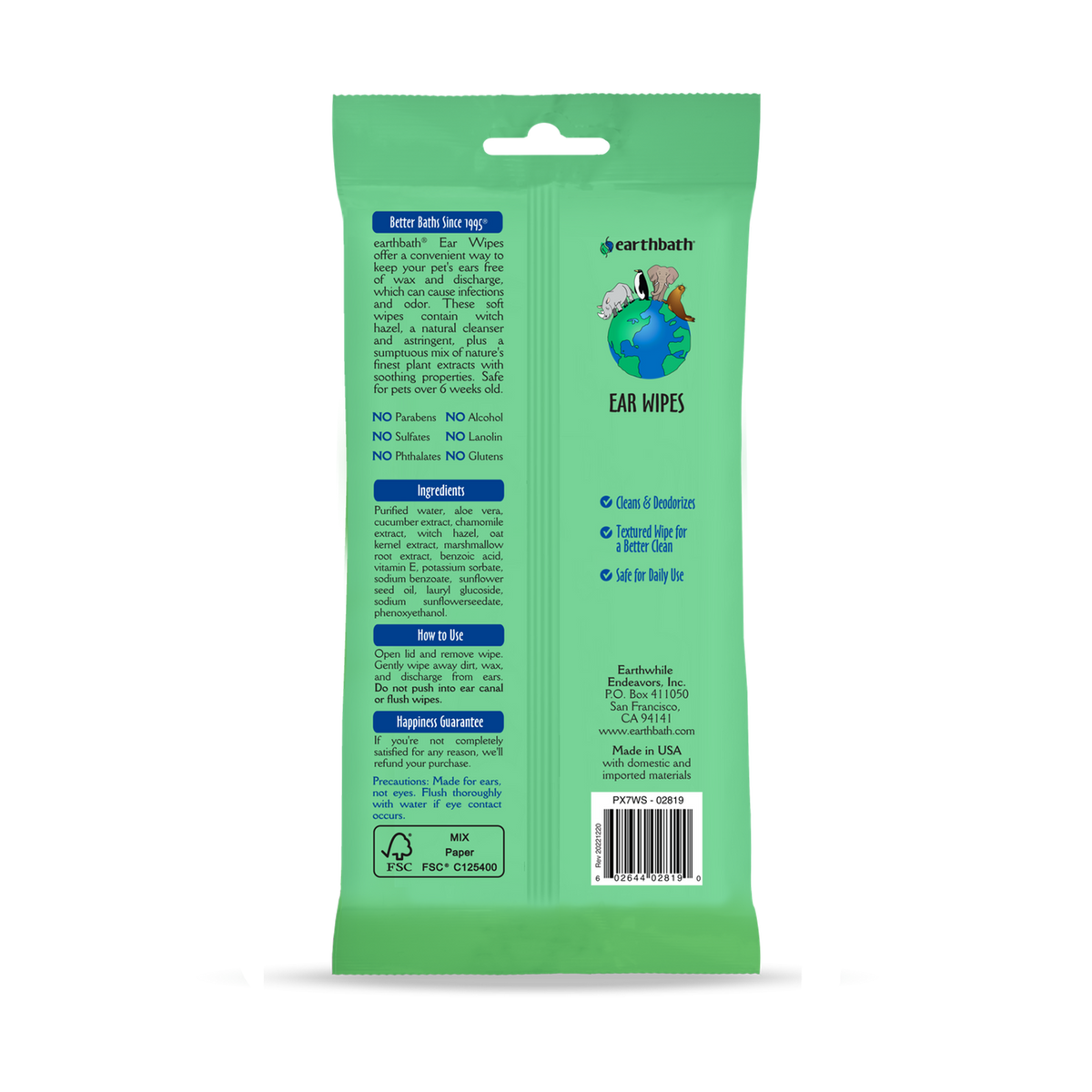 Earthbath Pet Hypoallergenic Ear Wipes Witch Hazel & Chamomile