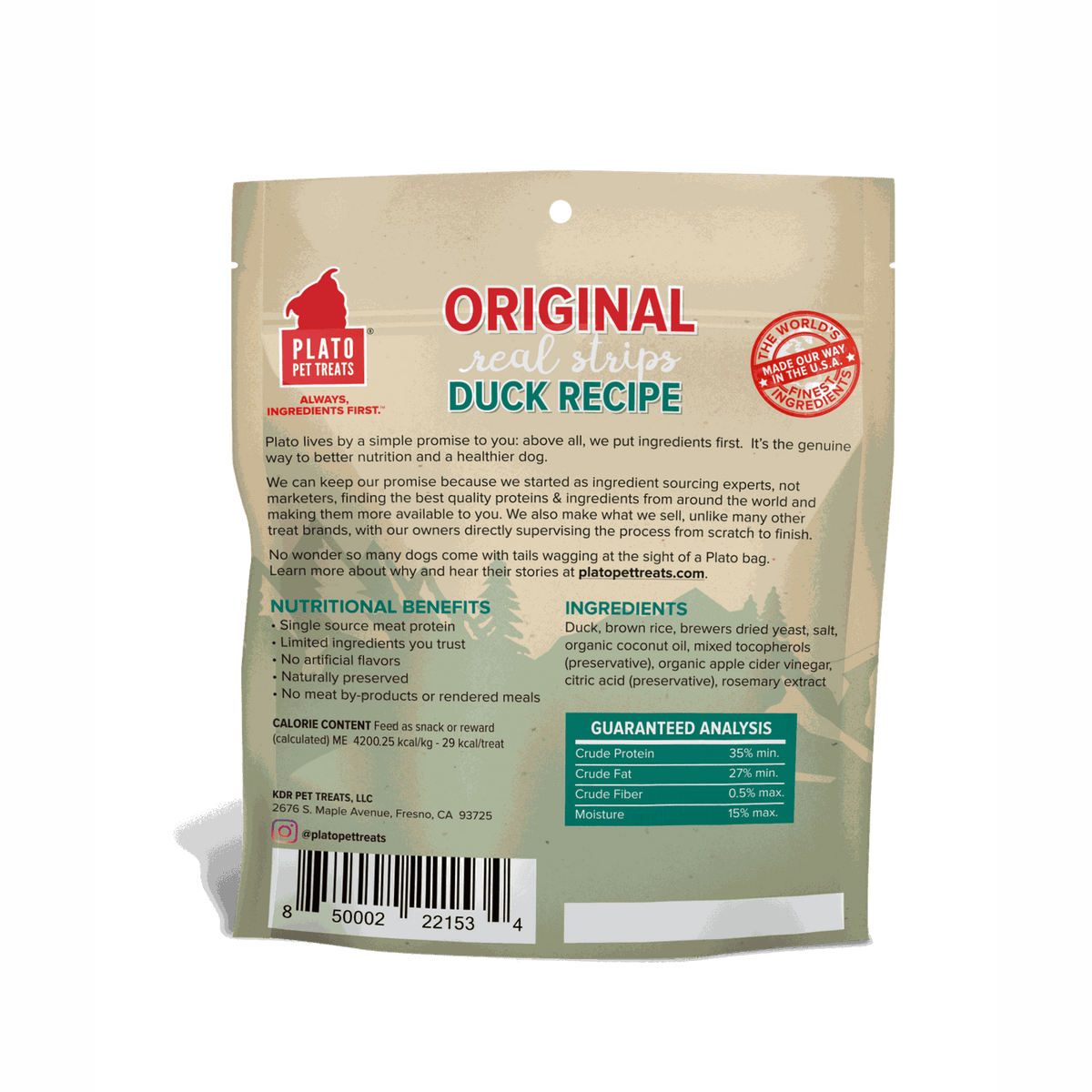 Plato Pet Treats Original Real Strips Duck Recipe for Dogs