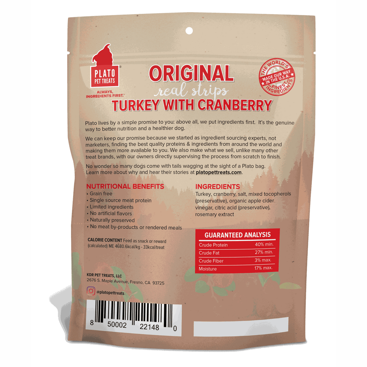 Plato Pet Treats Original Real Strips Turkey with Cranberry for Dogs