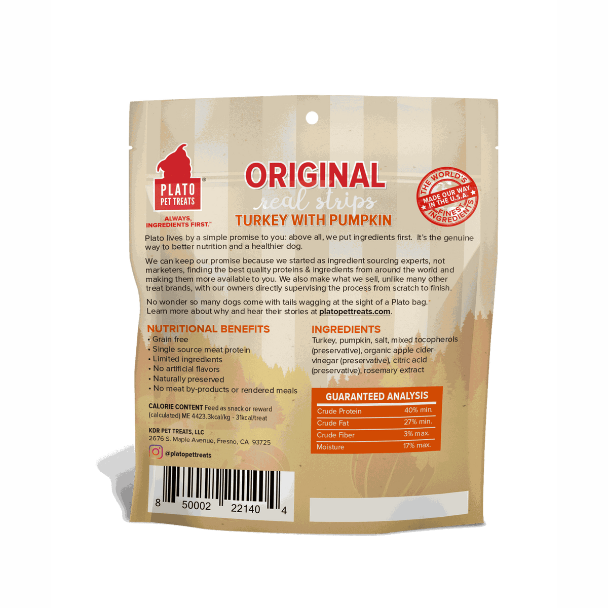 Plato Pet Treats Original Real Strips Turkey with Pumpkin for Dogs