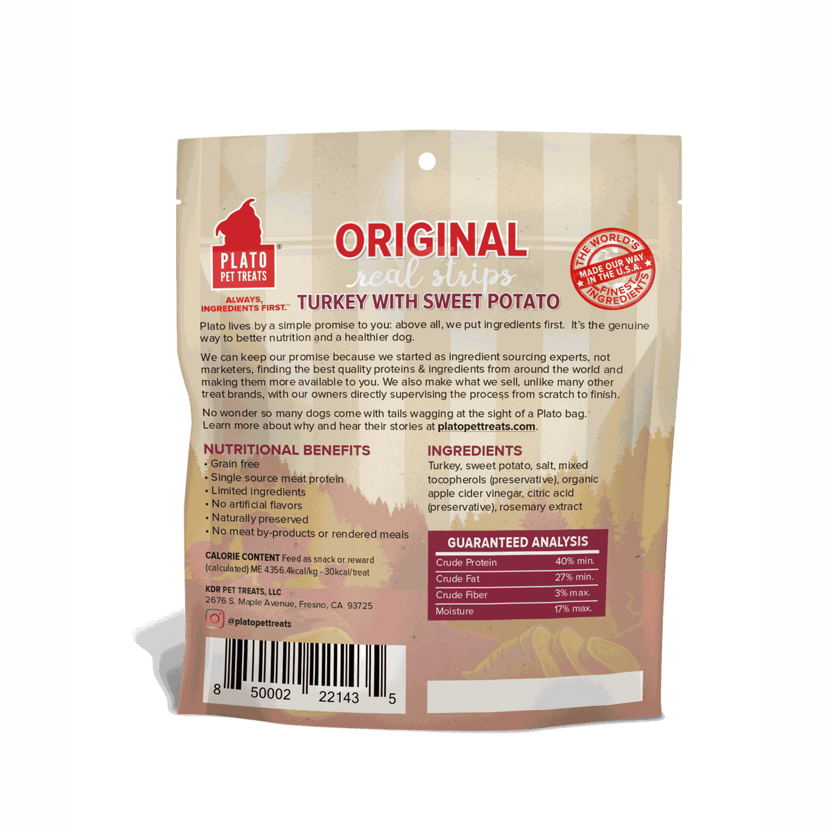 Plato Pet Treats Original Real Strips Turkey with Sweet Potato for Dogs