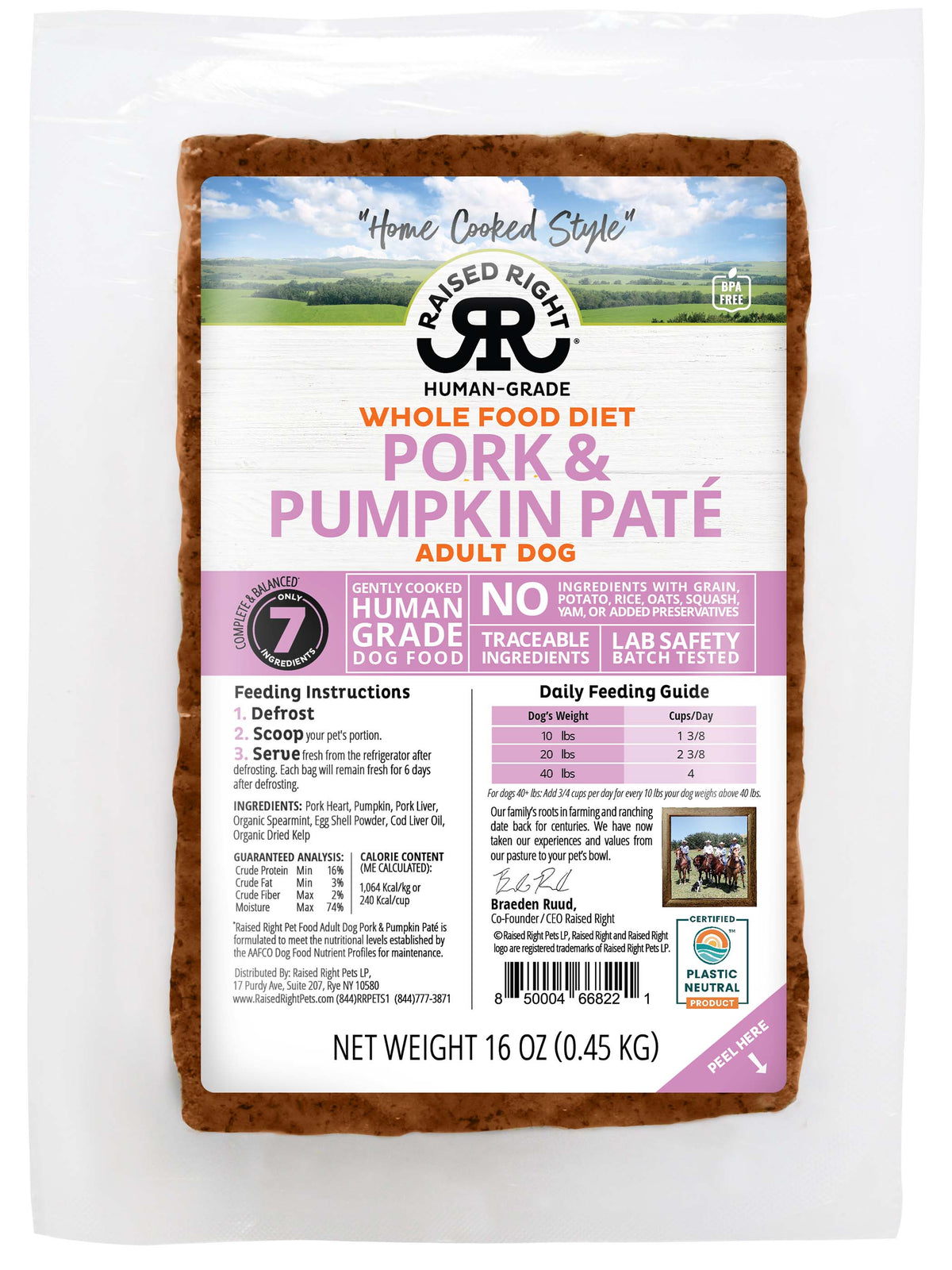 Raised Right Lightly Cooked Pork &amp; Pumpkin Frozen Dog Food