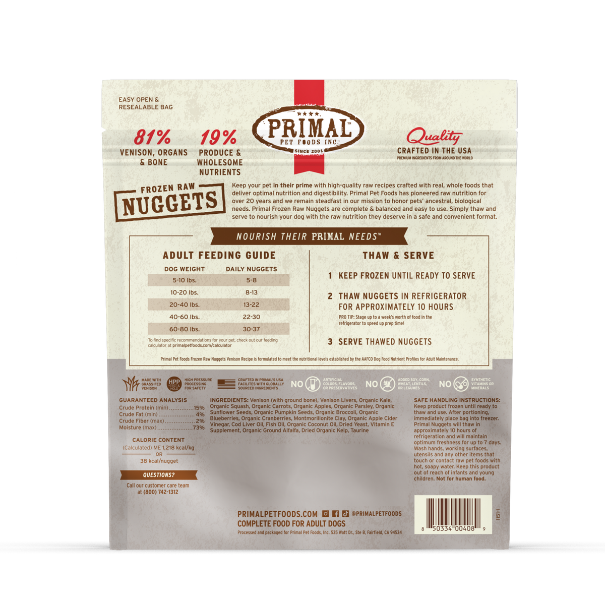 Primal Frozen Nuggets Venison Raw Dog Food
