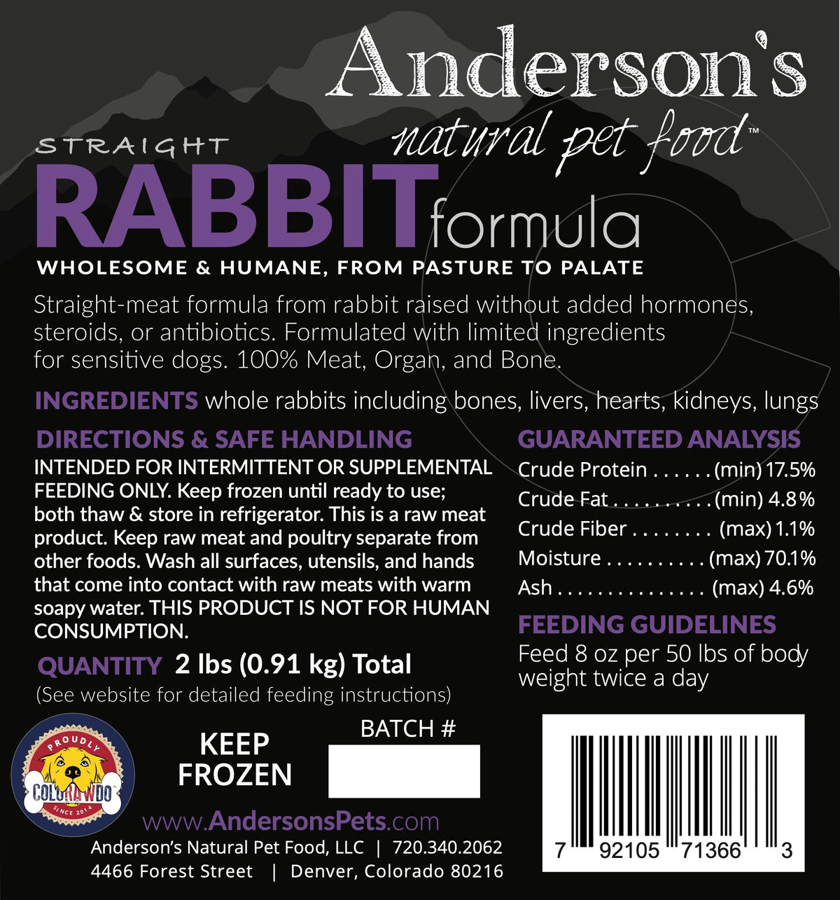 Anderson&#39;s Colorado Straight Pasture-Raised Rabbit Only Frozen Raw Dog and Cat Food