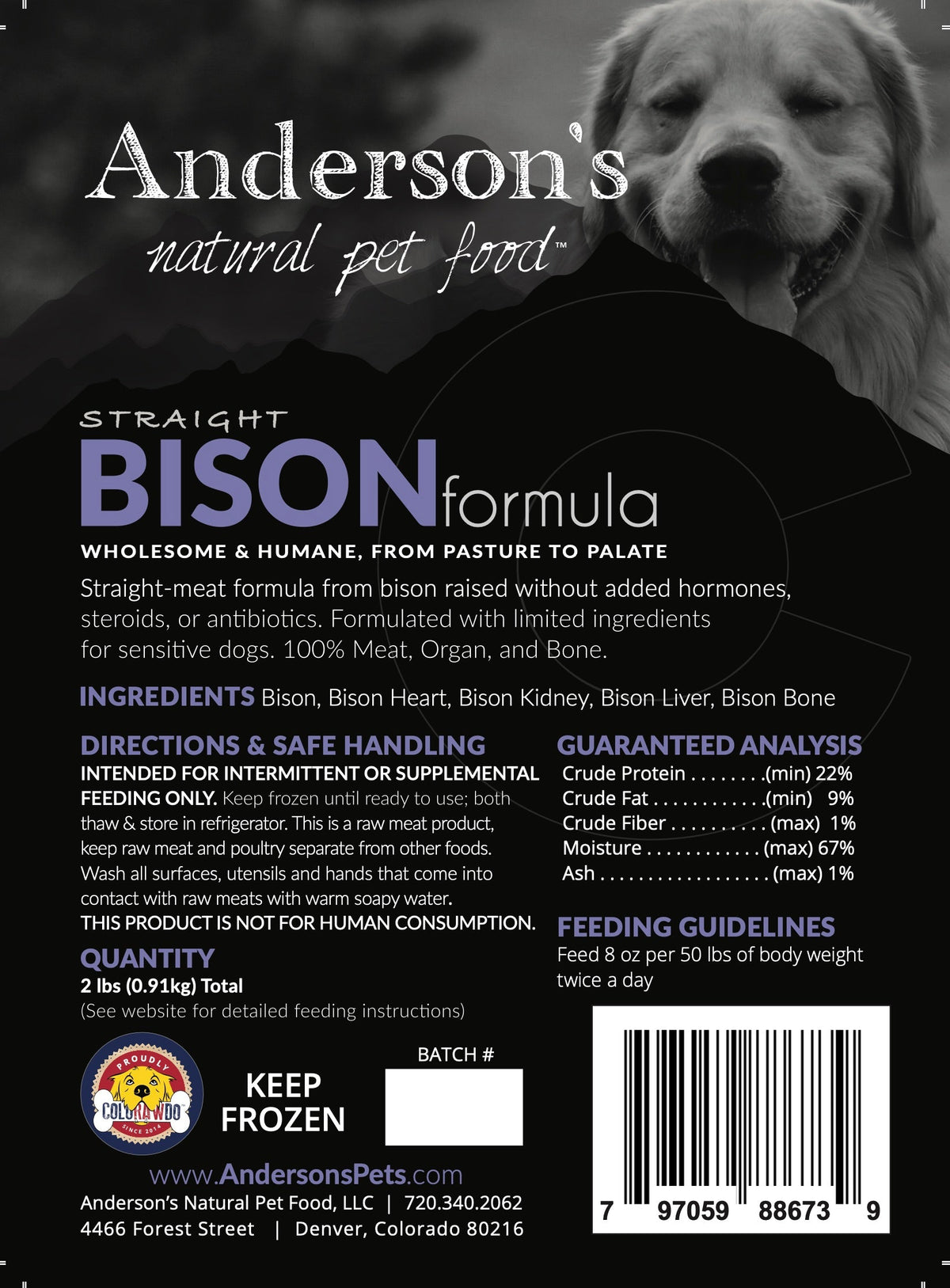 Anderson&#39;s Colorado Straight Pasture-Raised Bison Only Frozen Raw Dog and Cat Food