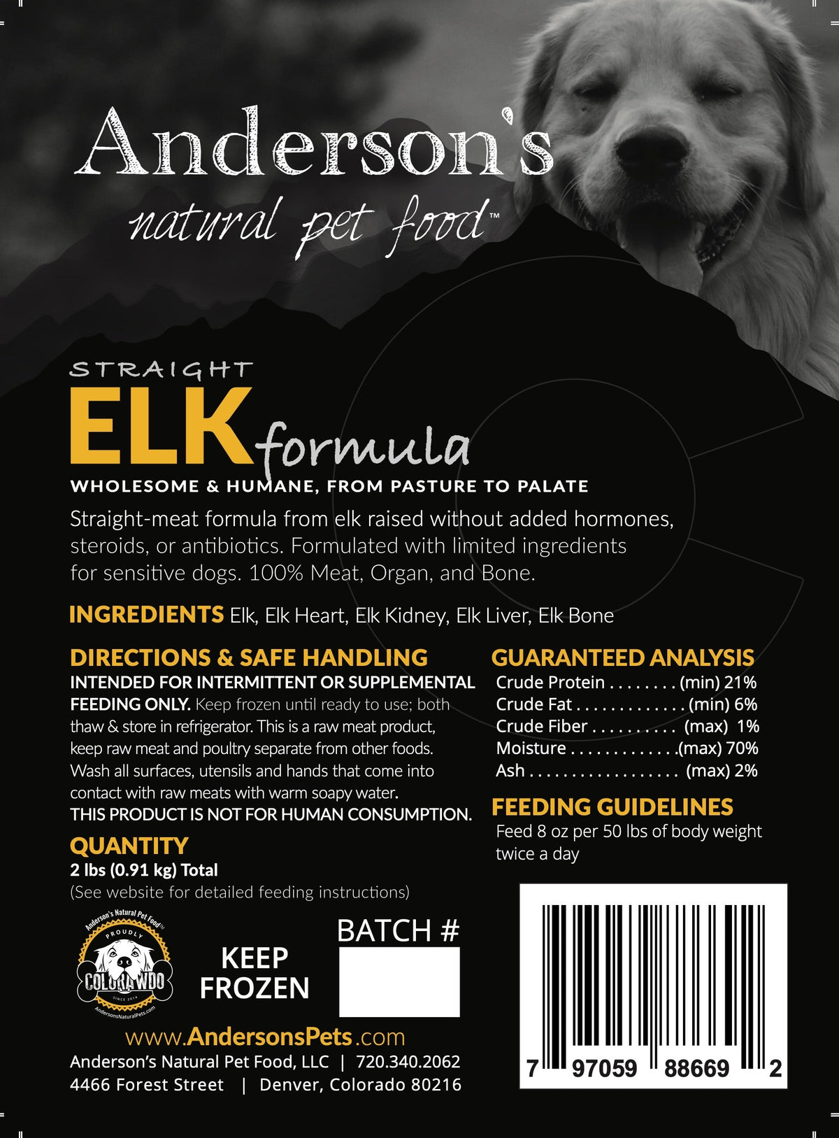 Anderson&#39;s Colorado Straight Pasture-Raised Elk Only Frozen Raw Dog and Cat Food