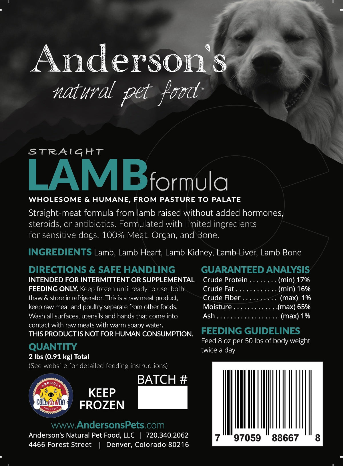 Anderson&#39;s Colorado Straight Pasture-Raised Lamb Only Frozen Raw Dog and Cat Food