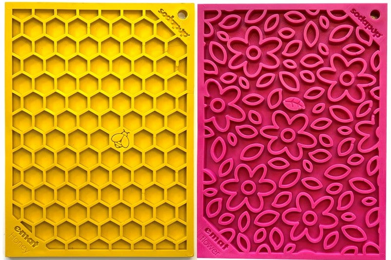 SodaPup Small Pink Flower Power & Small Yellow Honeycomb eMat Lick Mat Bundle